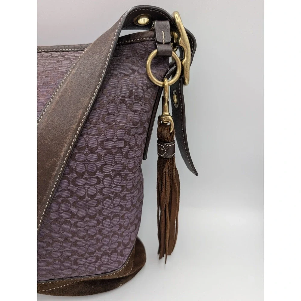 Vtg COACH F10417 Signature Jacquard Purple Plum Crossbody Bag Brown Suede Y2K